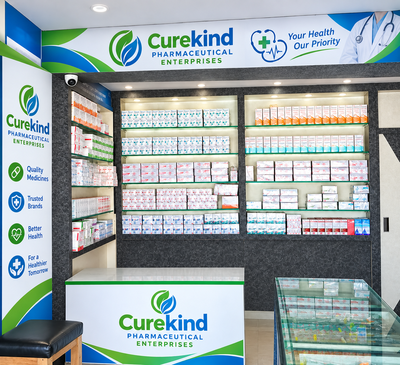 Pharmacist at Curekind store counter assisting customer